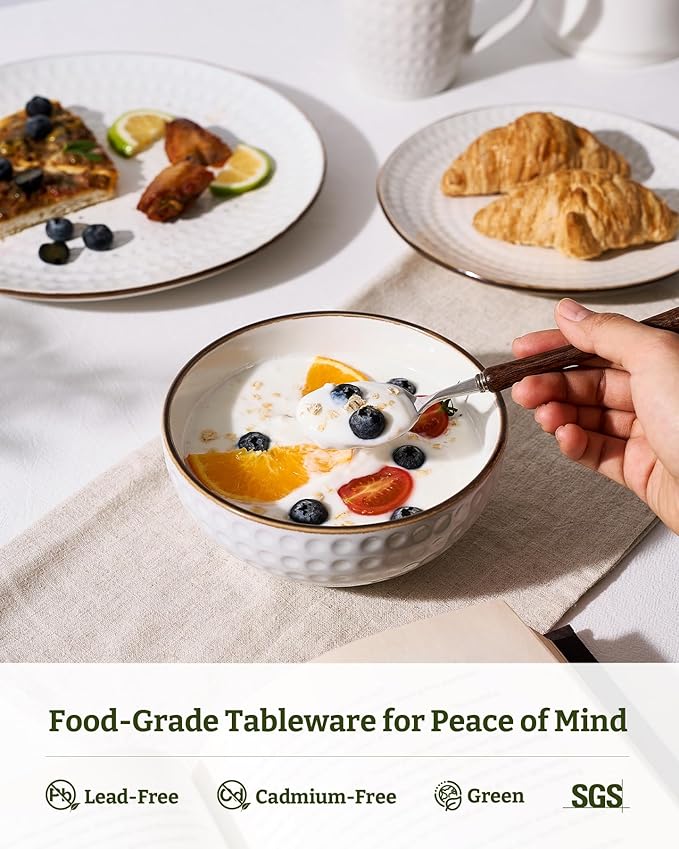 Famiware Eden Plates and Bowls Sets, Stoneware Dinnerware Sets with Gold Trim, 24 Pieces Dishes Set for 8 - Chip and Scratch Resistant, Microwave and Dishwasher Safe, White Circle