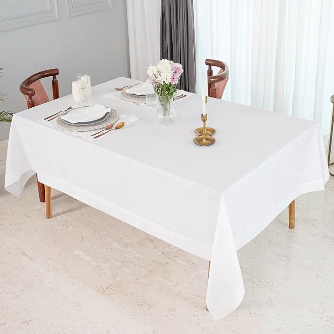 D'Moksha Homes White Linen Tablecloth for Rectangle Tables 60 x 144 Inch - 100% Pure Linen White Table Cloth - Classic Hemstitch, Machine Washable Dining Tablecloth for Valentines, Spring, Easter