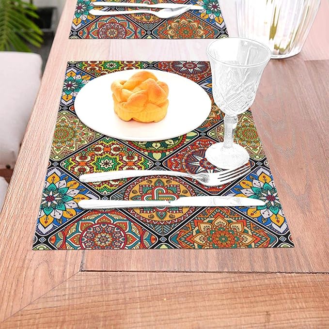 Mandala Colorful Placemats Set of 4 Linen 12"x18" Retro Place Mats Washable Heat-Resistant Boho Kitchen Table Mats for Dining Outdoor Home Decor