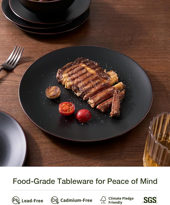 Famiware Venus Plates and Bowls Sets, 18 Pieces Stoneware Dinnerware Sets, Dishes Set for 6, Microwave and Dishwasher Safe, Matte Black