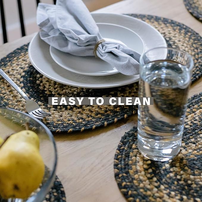 Homespice Kilimanjaro Round Braided Placemats, Warm Primitive Decor, Set of 2, 15" Black and Tan Jute Table Mats - Vibrant Colors, Durable, Easy to Clean and Protects Furniture
