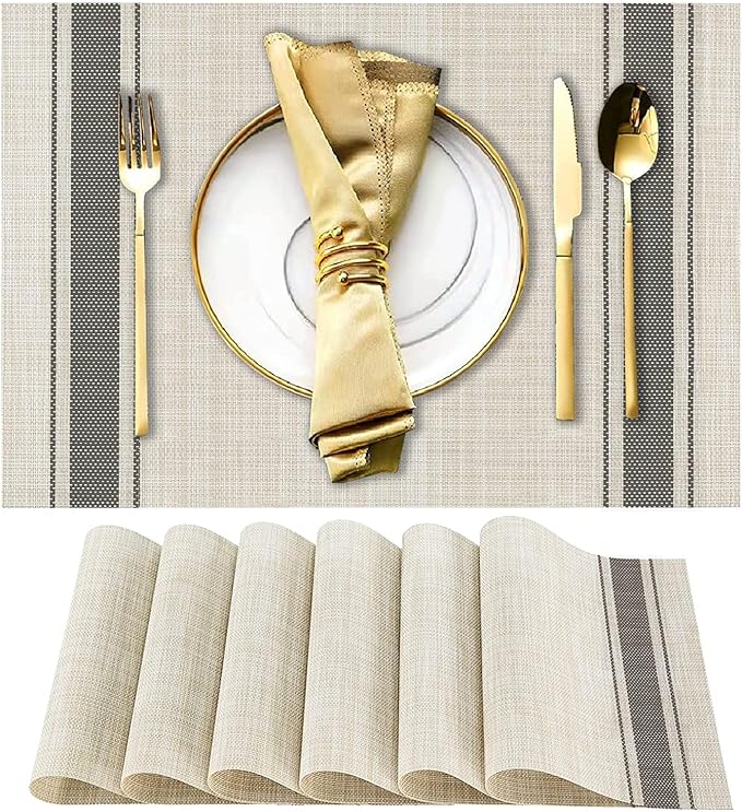 DACHUI Placemats Set of 8, Soft & Elegant Woven Vinyl Place Mats, Water Resistant, Heat Resistant, Washable, Durable Table Mats (Grey Stripes)