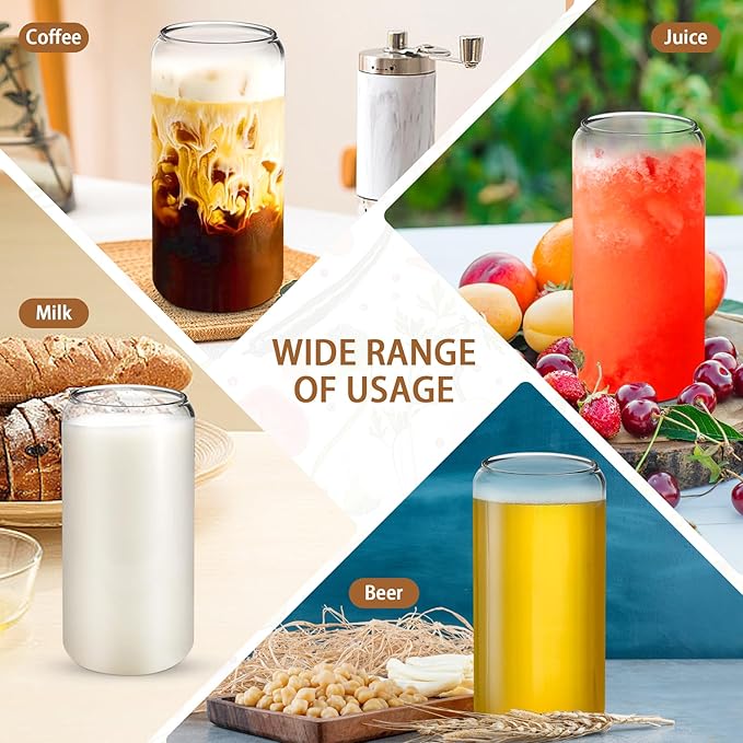 20 OZ Glass Cups with Lids and Straws, 20 Pack Drinking Glasses with Bamboo Lids Stylish Glass Beer Can Cups with Stainless Steel Straws Iced Coffee Cup Great for Soda Boba Tea Cocktail