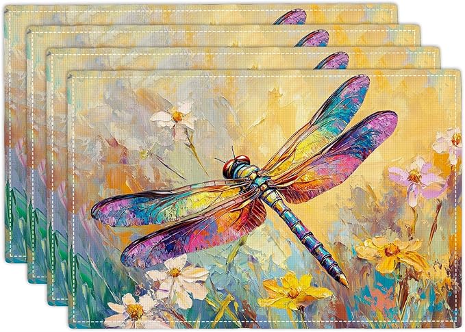 Dragonfly Placemats Set of 4, Dragonfly Flower Table Mats, Floral Washable Place Mats for Coffee Bar Home Party Indoor Kitchen Dining Table Decoration 12x18 Inch