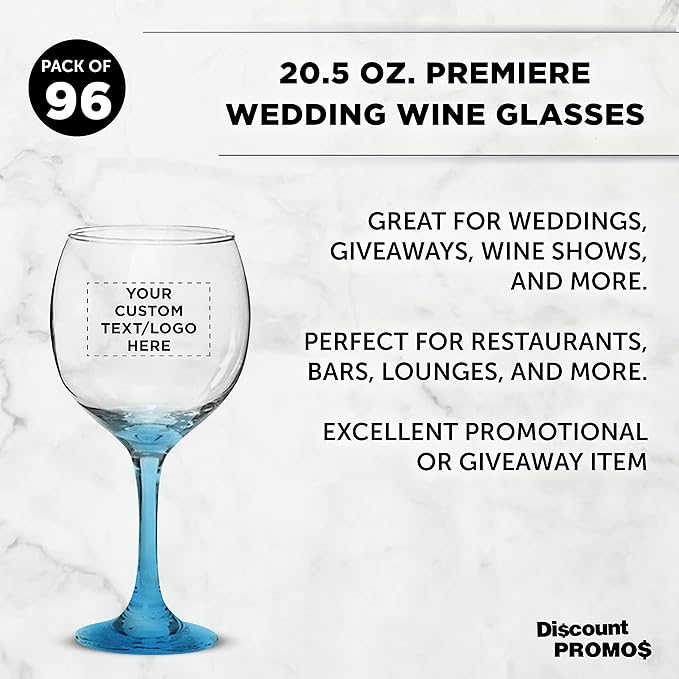 Custom Premiere Wedding Wine Glasses 20.5 oz Set of 96, Personalized Bulk Pack - Restaurant Glassware, Perfect for Red Wine or White Wine - Blue