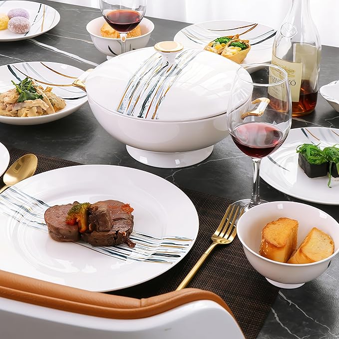 50 Pcs Fine Bone China Dinnerware Set, Porcelain & Ceramic Dinnerware Sets, Bone Stoneware & Ceramic Cookware Tableware Set Includes Dinner Plates|Spoons|Pasta Bowls|Soup Pot|Chopsticks