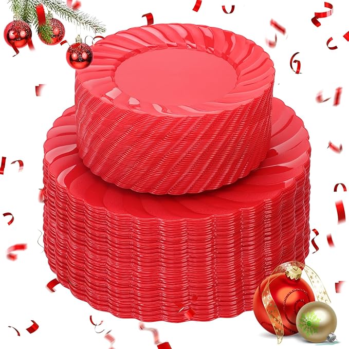 U-QE 100Pcs Red Plastic Plates - Red Scalloped Plastic Plates for Party - Heavy Duty Plate Disposable Include 50 6 '' Dessert Plate, 50 9 '' Dinner Plate Suite for All Occasions