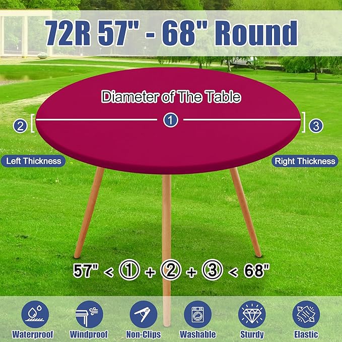 Round Spandex Tablecloth 2 Pack, Elastic Fitted Waterproof Tablecloths for 57"-68" Tables, Stretch Washable Picnic Table Cover for Camping, Dining, Indoor and Outdoor, Fuchsia