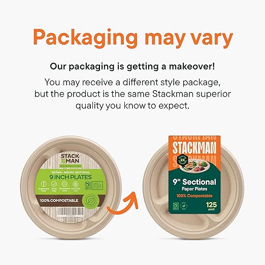 100% Compostable Paper Plates 9 Inch Bulk [500 Count] Heavy-Duty Dinner Plates with Compartments - Natural Brown Color Bagasse - Eco-Friendly Disposable Biodegradable Sugarcane - [Case 4/125 Pack]
