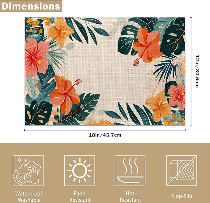 Placemats Set of 6 Tropical Floral Orange Flowers Place Mats Washable Kitchen Dining Linen Table Mats Stain Heat, for Home Party Indoor 12x18 in