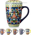 vancasso Ceramic Tea Mug with Infuser and Lid, 18 Ounce Bohemian Loose Leaf Cup, Microwave & Dishwasher Safe, Perfect for Tea, Coffee, Sage-Scarlet Floral