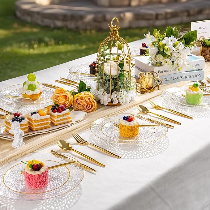 DaYammi 240Pcs Gold Plastic Plates Including 120Pcs Dessert Plates and 120Pcs Cake Forks,Hammered Party Plate,Clear Gold Appetizer plates Heavy duty Disposable Plastic Plate for Party Wedding Birthday
