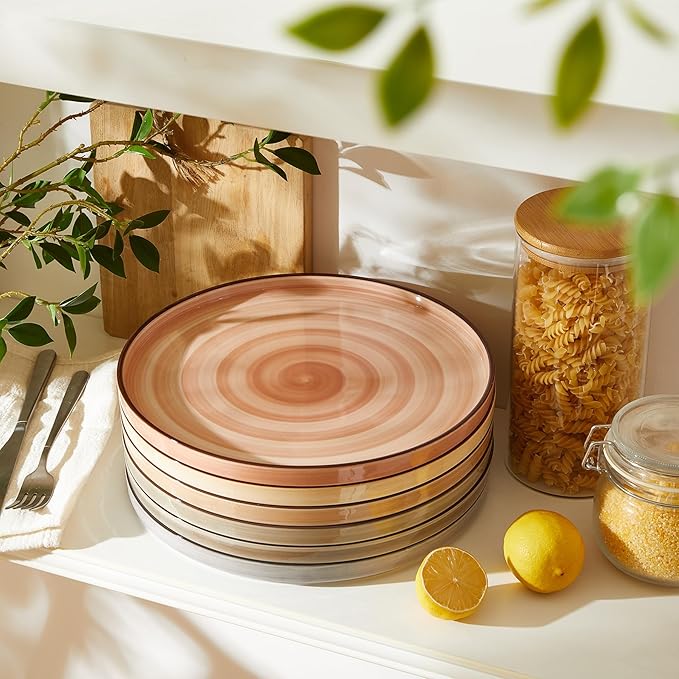 Sweese 10.5 Inch Porcelain Dinner Plates Set of 6, Gradient High Edge Dish Set - Dishwasher, Microwave, Oven Safe, Scratch Resistant, Kitchen Serving Dishes - Cool Assorted Colors