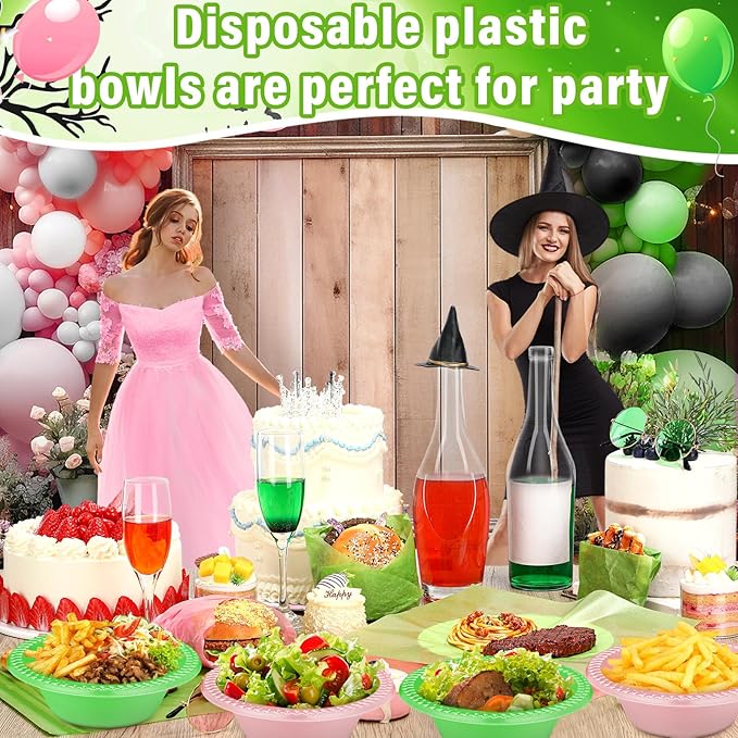 Layhit 100 Pcs Halloween Plastic Bowls 12 oz Disposable Salad Pink Green Plastic Serving Halloween Party Supplies Candy Snack Bowls for Party Picnic