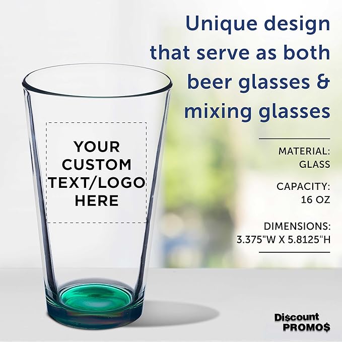 DISCOUNT PROMOS Custom Beer Pint Glasses 16 oz. Set of 10/50/100, Personalized Bulk Pack - Heavy Duty Glassware for Restaurant, Thick Base and Walls, Stackable - Green