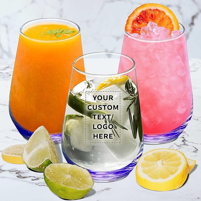 DISCOUNT PROMOS 100 Vaso Silicia Stemless Wine Glasses Set, 16 oz. - Personalized Text, Logo - Clear, Orb-Like, Thick base - Purple