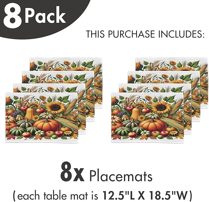 Ambesonne Fall Place Mats Set of 8, Pumpkins Apples and Sunflowers Harvest Time Composition Veggies Fruits, Washable Fabric Placemats for Dining Table, Placemat 8 pcs, Emerald Orange and Green