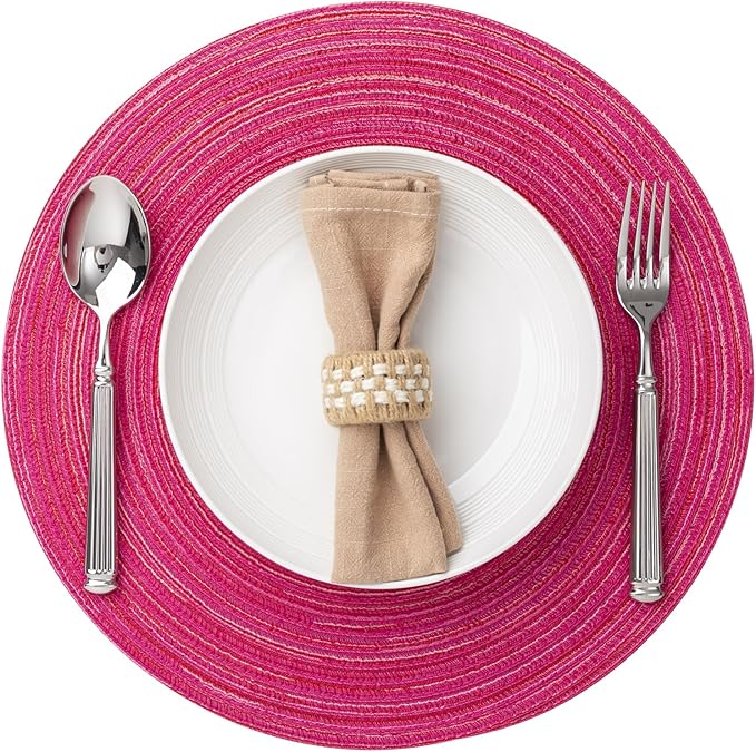 Round Placemats Set of 8 Woven Placemats Washable Braided Table Mats for Dining Table Heat Resistant Non-Slip Circle Place Mats(Pink)