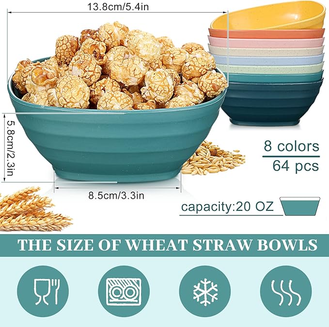 Gejoy 64 Pcs Unbreakable Cereal Reusable Wheat Straw Lightweight Bowls Microwave and Dishwasher Safe Soup Fiber Bowls for Kitchen Serving Salad Rice Snacks(Multicolor)