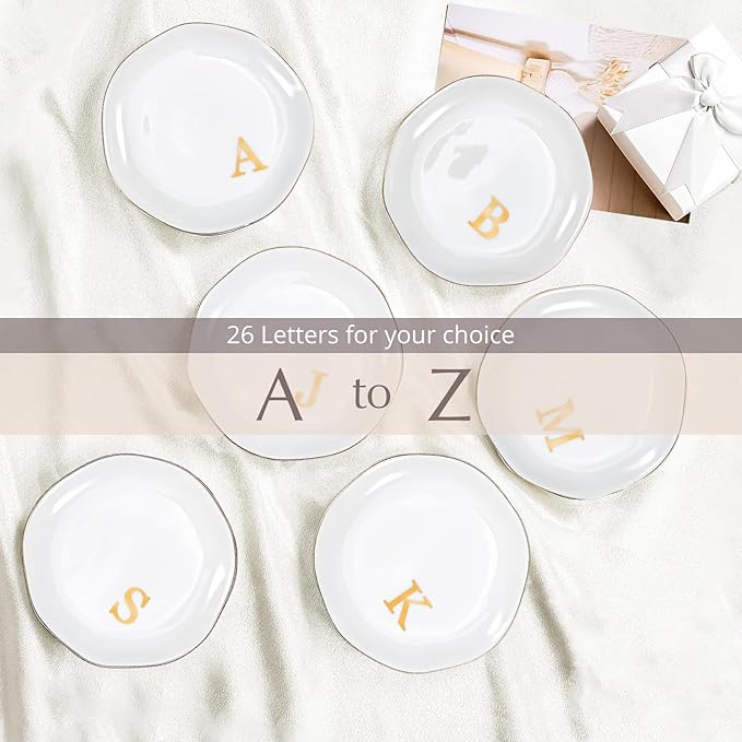 ProCase Ceramic Jewelry Tray, Initial Ring Dish Trinket Plate Engagement Gift, Small Personalized Monogram Ring Bowl for Wedding, White Decorative Jewelry Holder for Women Vanity -Letter R