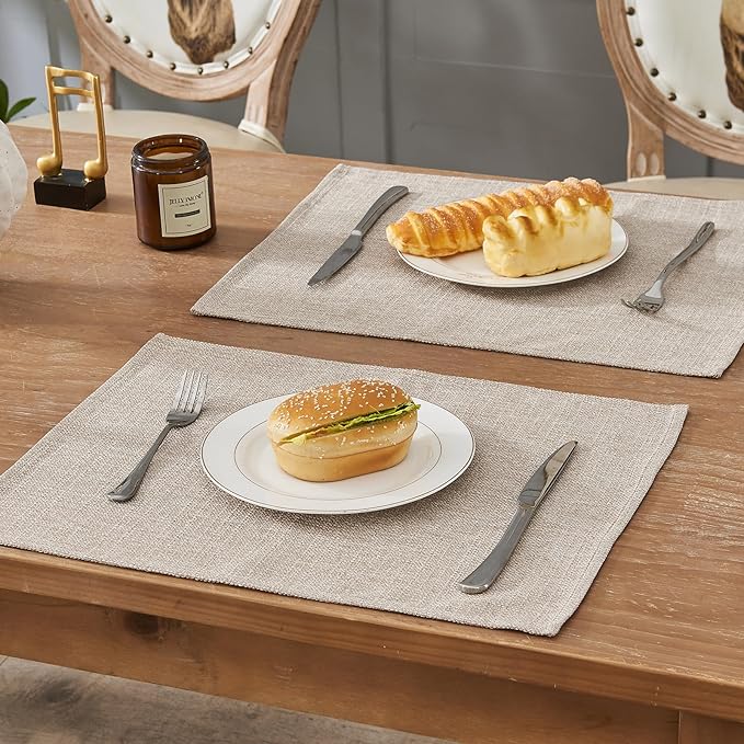 BALCONY & FALCON Placemats Set of 4 Faux Linen Cloth Place Mats Washable Waterproof Wrinkle Resistant Table Placemats for Dining Kitchen Farmhouse Indoor & Outdoor Use(Beige, 13.8”x 17.7”