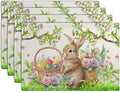 Easter Rabbit Placemats Set of 4 Spring Easter Egg Bunny Flowers Floral Place Mat 12x18 Inch Seasonal Farmhouse Linen Fabric Table Mats for Kitchen Dining Outdoor Indoor Easter Party Decoration