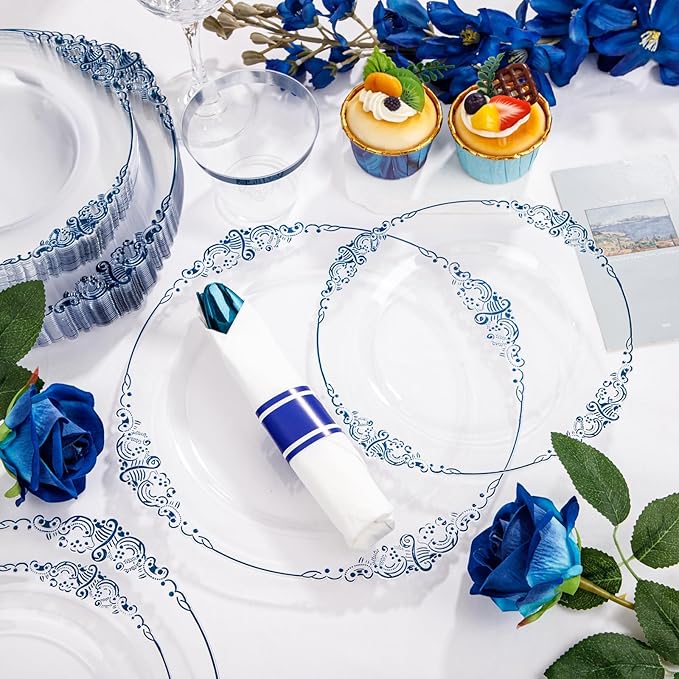 Hioasis 175pcs Clear and Blue Plates - Blue Party Plates for 25 Guest, Include 50 Heavy-duty Plates(20% Thicker Than Standard), 25 Pre Rolled Gold Plastic Silverware Set, 25 Cups