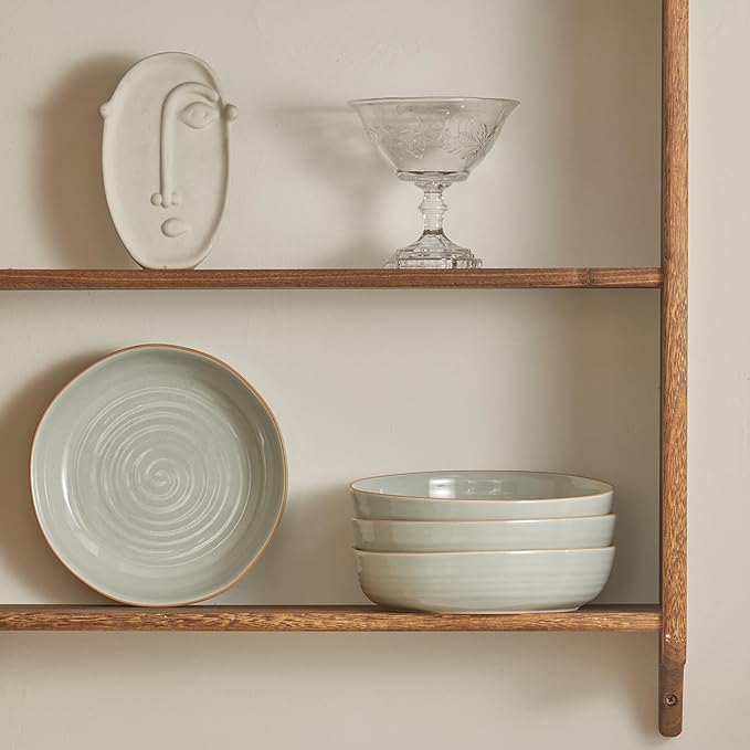 Bico Light Sage Green 45oz Stoneware Pasta Bowls Set, Set of 4, Microwave and Dishwasher Safe, for Spaghetti, Pasta, Soup