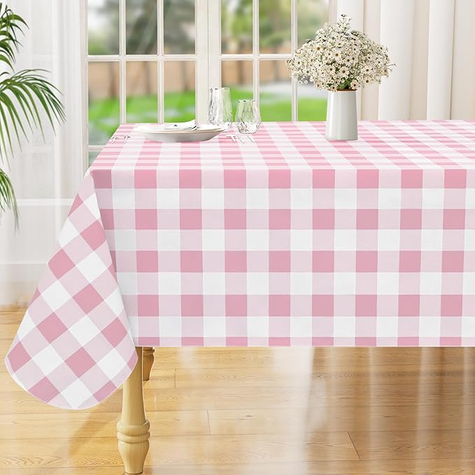 misaya Rectangle Waterproof Vinyl Table Cloth, Buffalo Flannel Backed Tablecloth, Wipeable Plastic Table Cover for Valentine's Day, Dinner, Kitchen, Outdoor (60" x 120", Pink and White)