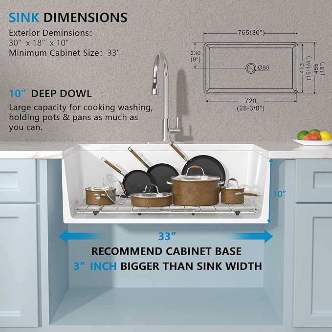 30"x18" White Farmhouse Kitchen Sink – Reversible Apron Front Fireclay Single Bowl Farm Sink, White Ceramic Porcelain Farmer Style Basin