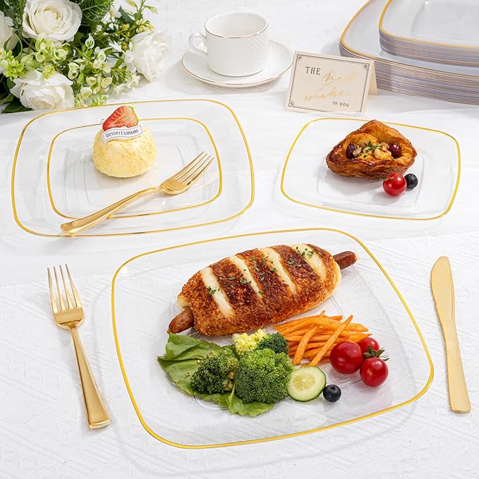 bUCLA 50PCS Clear Plastic Plates with Gold Trim - Heavy Duty Clear Gold Square Plates Disposable - Include 25 Each (Dinner & Dessert) for Party & Wedding