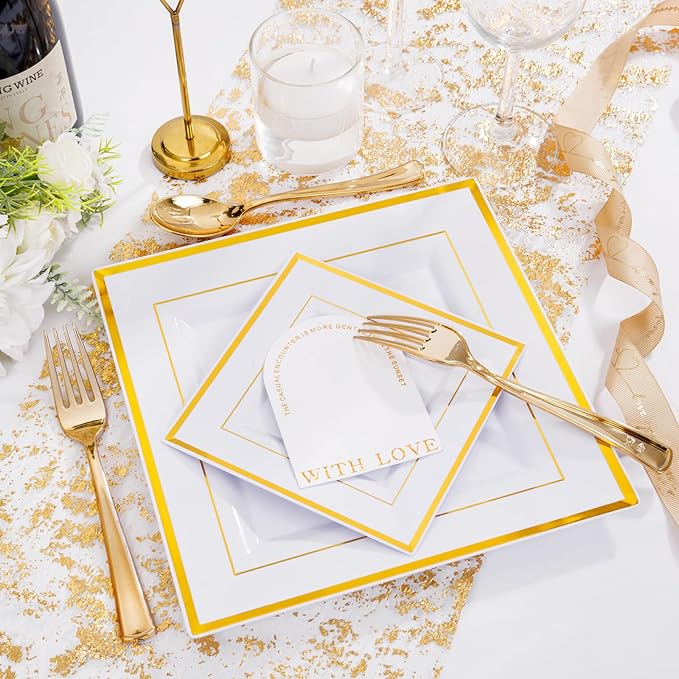Liacere 100PCS White and Gold Square Plastic Plates-50PCS Heavy Duty 9.5inch White Dinner Plates and 50PCS 6inch White Dessert Plates - Gold Plastic Plates for Party & Christmas & New Year
