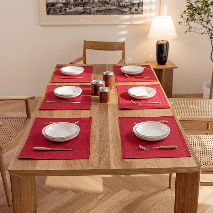 Demetex Valentines Placemats Set of 6 Red Linen Wipeable Place Mats Heat Resistant Cloth Placemats for Dining Table Restaurants Holiday, 13 x 19 inches, Wine Red