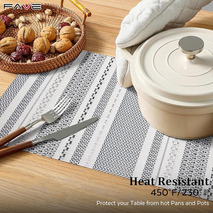 FAVE Boho Vinyl Placemats Set of 4, Durable Woven Place Mats Washable Heat Resistant PVC Table Mats for Parties,Weddings, Dining,Banquet(Gray, 4PCS)
