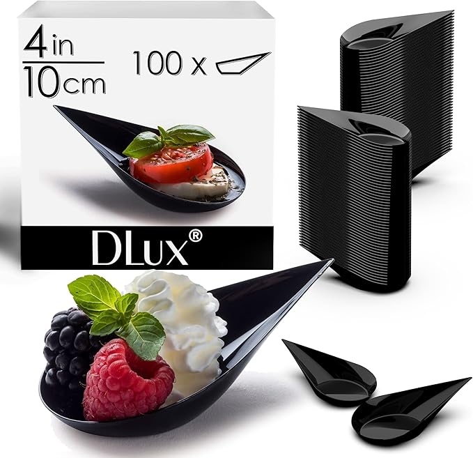 DLux 100 4-in Tear Drop Mini Appetizer Plates, Reusable Black Plastic Spoons - Desserts and Appetizers Dishes Serving Plate - Asian Spoon Set, Small Catering Dessert Tasting Cups - with Recipe Ebook