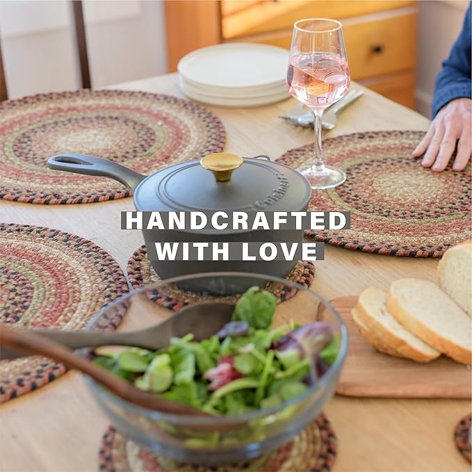 Homespice Gingerbread Jute Braided Kitchen Trivets for Hot Dishes, Warm Country Decor, Set of 6, Brown 8" Round Heat Resistant Mats - Rich Colors, Easy to Clean, Durable and Protects Furniture