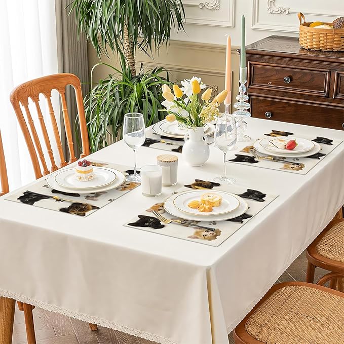 Cat Placemats Set of 6, Cute Black Cats Table Mats, Animal Washable Place Mats for Coffee Bar Home Party Indoor Kitchen Dining Table Decoration 12x18 Inch