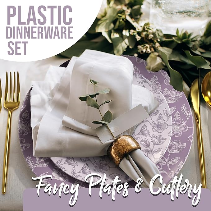 Trendables Fancy Plastic Dinnerware Sets 100 Pc 20 Guests Gold Silverware Disposable 20 X 10 Inch Charger Plates 20 X 8 Inch Dessert Plates 20 x Gold Plastic Forks and Spoons Knives In Blossom Circle