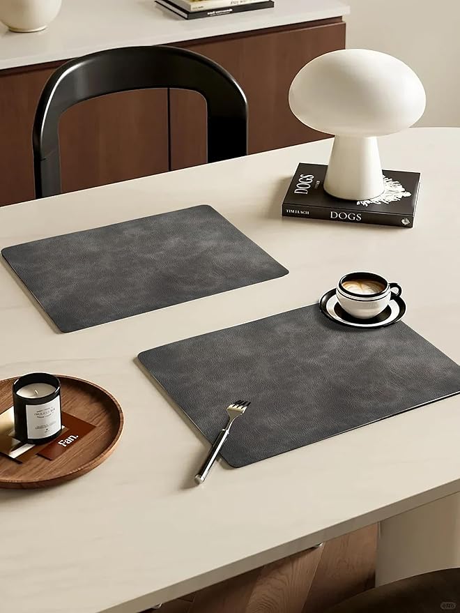 Cowhide Pattern PU Leather Placemats Set of 6 Heat Resistant Kitchen Table Mats, Non-Slip Dining Table Decorations, Double-Sides Waterproof Wipeable Place mats(Grey)