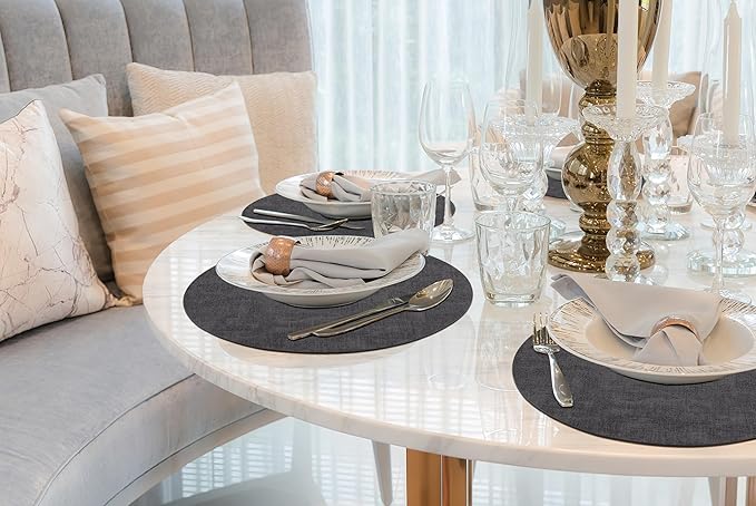 homing Round Faux Leather Placemat and Coaster 4 Packs, Washable Heat Resistant Dining Place Mats, Wipeable Double-Sided Table Mats for Indoor and Outdoor, Diameter 13 and 3.93 inch, Charcoal