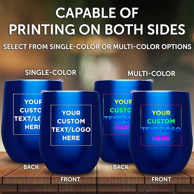 Custom Stemless Wine Glass Tumblers with Lids by Largo 11 oz. Set of 12, Personalized Bulk Pack - Perfect for Wine, Cocktails, Other Hot & Cold Beverages - Blue