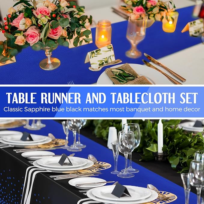 Breling 8 Pack Black and Blue Disposable Plastic Tablecloths and Satin Table Runner Set, 54 x 108 Inch Tablecloth, 12 x 108 Inch Table Runners for Wedding Graduation Birthday Baby Shower New Year