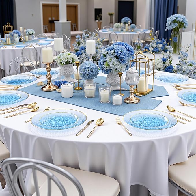 Rubtlamp 150Pcs Blue Plastic Plates, Gold Plastic Dinnerware Set For 30 Guest, Hammered Heavy Duty Plates with Gold Rim Include 30Dinner Platos, 30Salad Platos,90 Cutlery