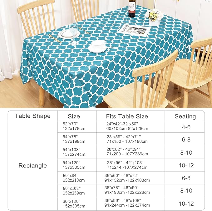 Smiry Rectangle Table Cloth, Wipeable Spillproof Plastic Tablecloths for Dining, Waterproof Vinyl Tablecloth with Flannel Backing for Rectangle Tables, Camping, Outdoor and Indoor (70"x120", Teal)