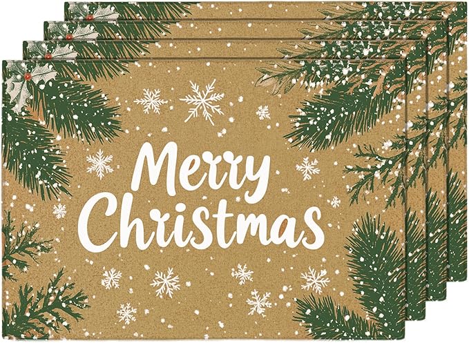 MANSPHIL Gold Christmas Placemats Set of 4 Snowflake Fabric Table Mats Farmhouse Table Decor Cotton Faux Linen Place Mats Heat Resistant Washable Dining Kitchen - 13x19 Inch Oeko Tex Placemat
