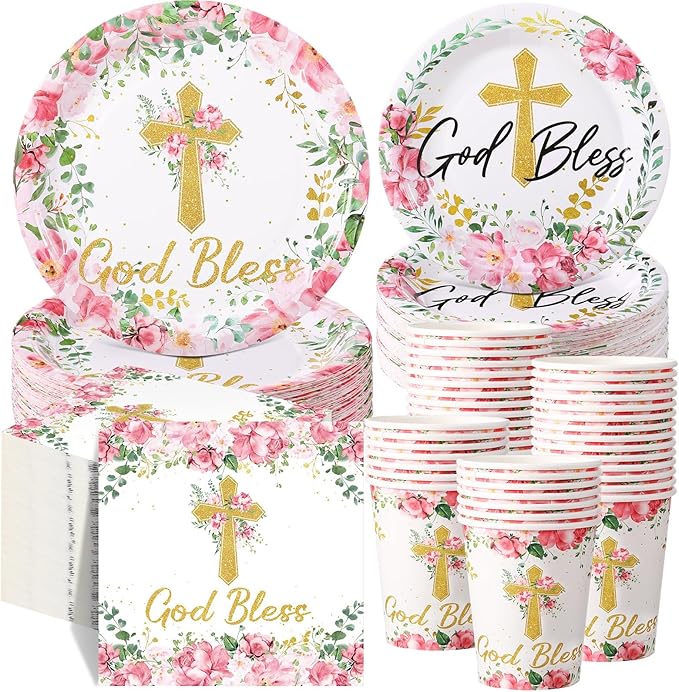 Pickmesh 250 Pcs Pink Baptism Cross Disposable Tableware Set First Holy Communion Baptism Disposable Paper Plates Napkins and Cups for Christening Celebration Baby Shower Religious Supplies