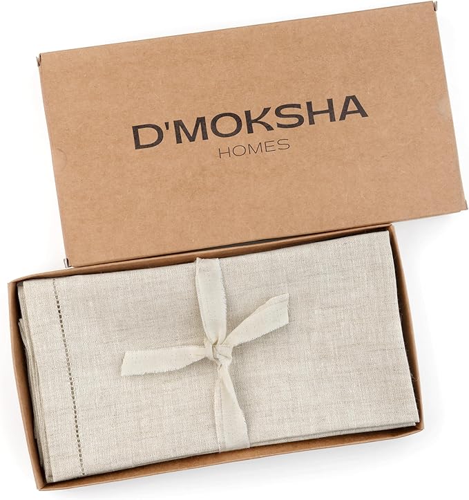 D'Moksha Homes Light Natural Linen Napkins Set of 8 - Classic Hemstitch 100% Pure Linen Hemstitch Dinner Napkins 20 x 20 Inch for Valentines, Spring, Easter - Handcrafted and Machine Washable