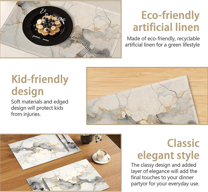 Placemats Set of 6 Abstract White Marble Texture Place Mats Washable Kitchen Dining Linen Table Mats Stain Heat, for Home Party Indoor 12x18 in