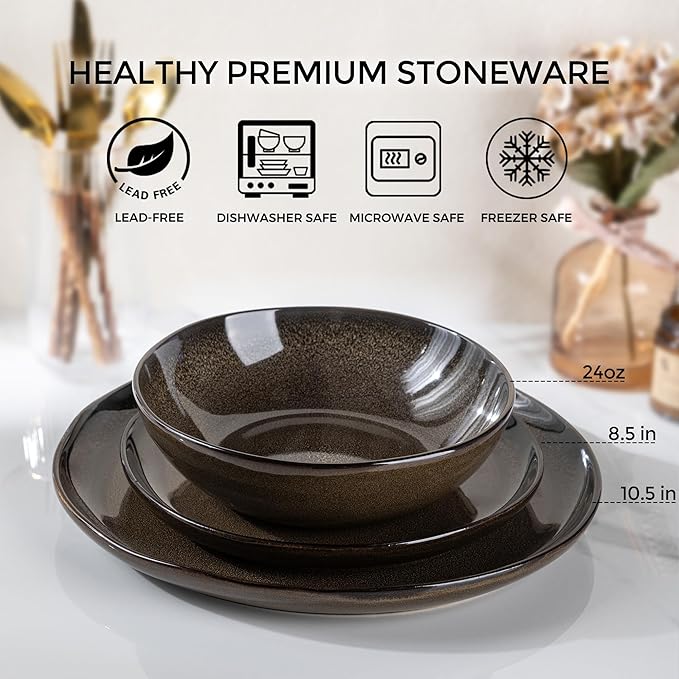 AmorArc Ceramic Dinnerware Sets,Handmade Reactive Glaze Stoneware Plates and Bowls Sets,Highly Chip and Crack Resistant | Dishwasher & Microwave Safe Dishes Set,Service for 4 (12pc)