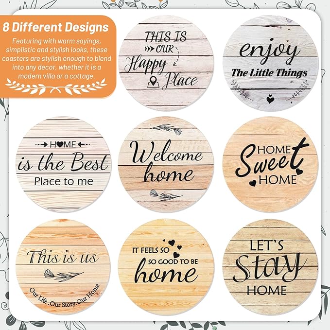 Billbotk House Warming Gifts for Home Decoration, Wood Farmhouse Coasters Set of 8, Drink Coasters for Housewarming Gifts, Coffee Table Decor, Home Decor